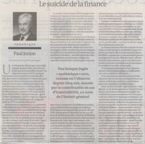 Le Monde - 9 octobre 2012 - le suicide de la finance.jpg